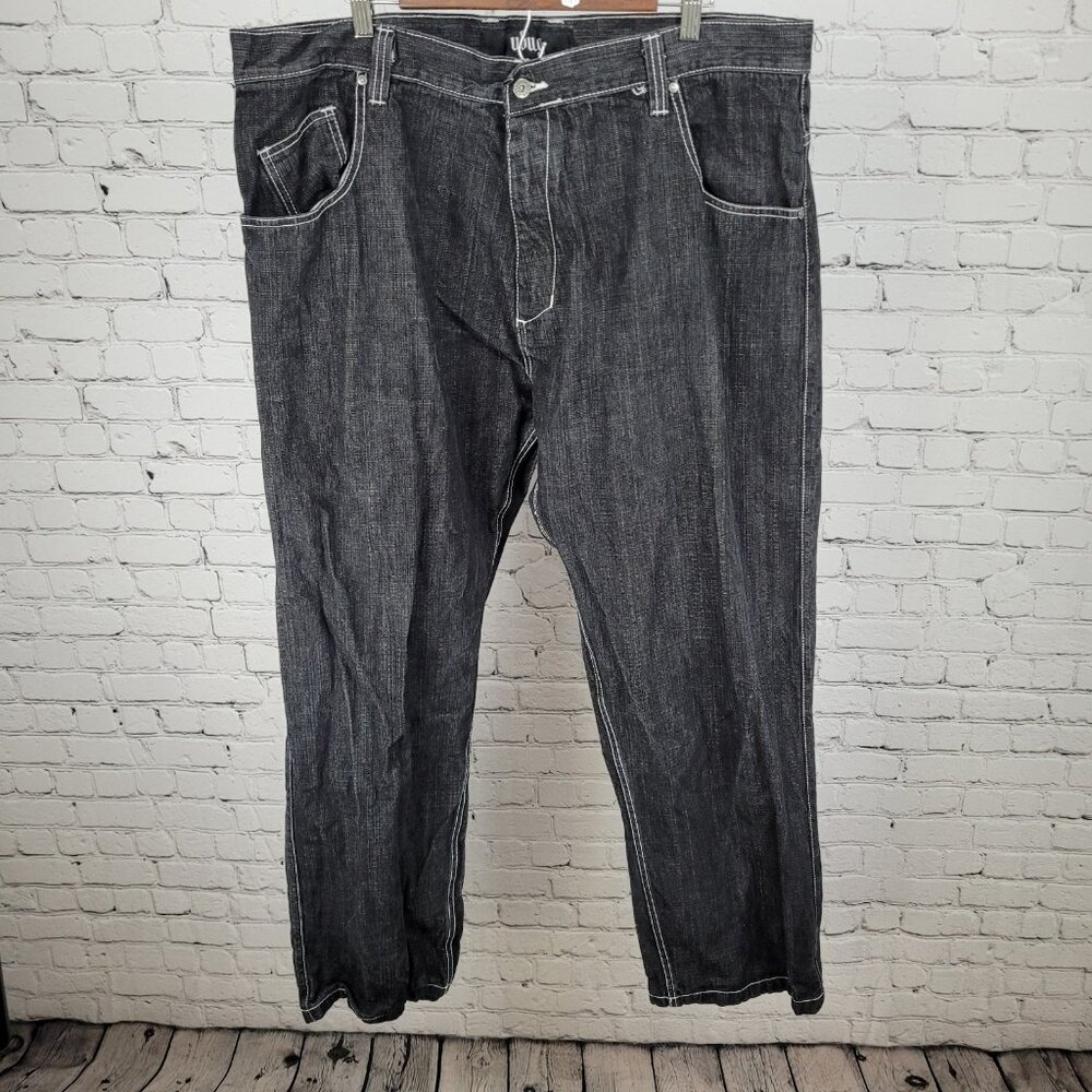 Ubug Black Denim 100% Cotton White Stitching Relaxed Jeans Y2K 44x33 (42x33)